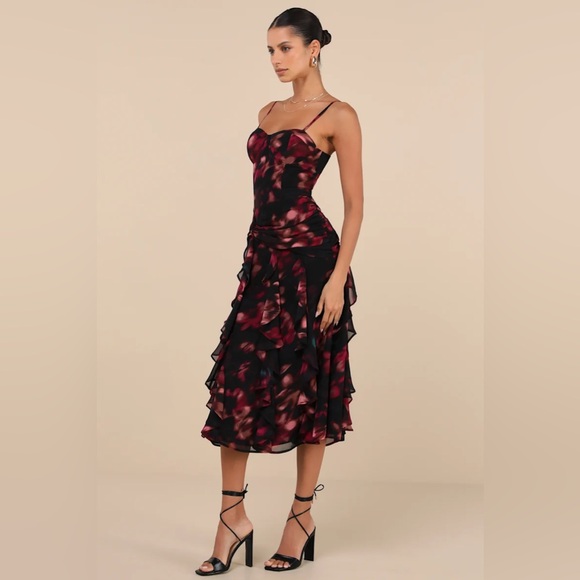 Lulus Impressive Attitude Black Abstract Ruffled Knotted Midi Dress - Picture 3 of 4